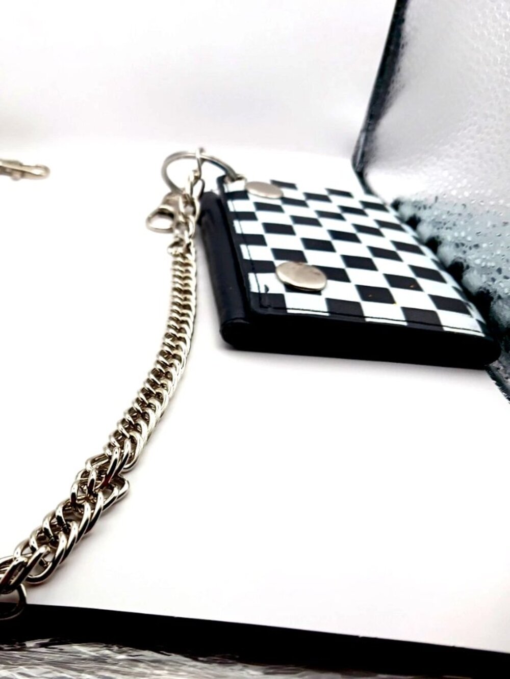 Skater Tri Fold Black + White Checkered  Leather Wallet with Chain